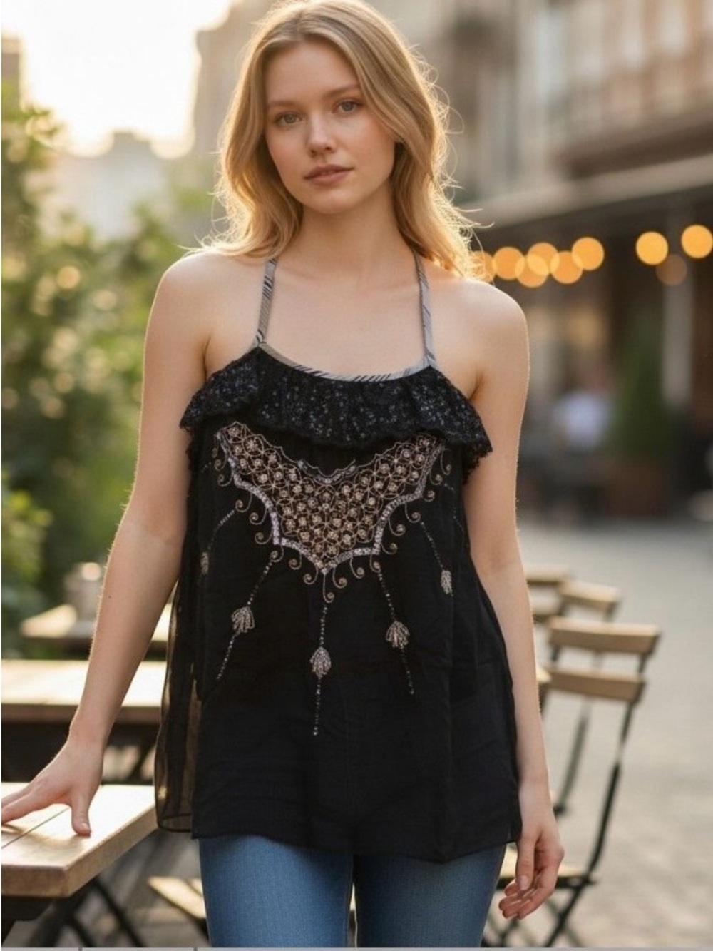 Free People Black Embroidered Halter Camisole